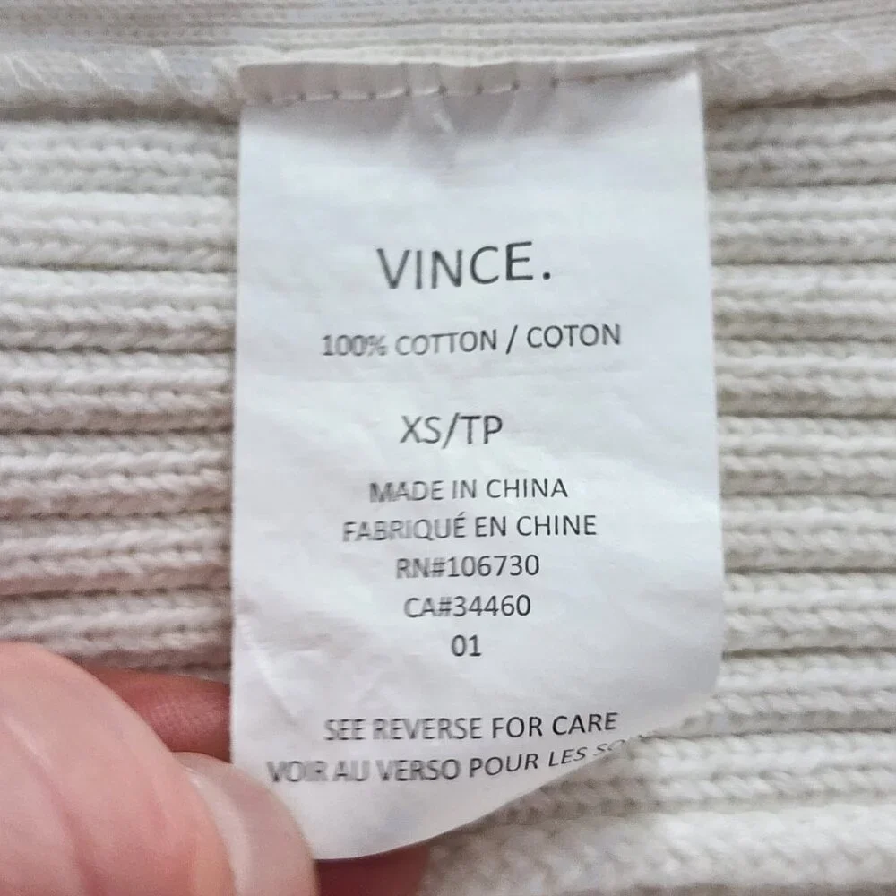 VINCE Side Zip Ribbed Turtleneck Sweater Cream 100% Cotton Size‎ XS 240